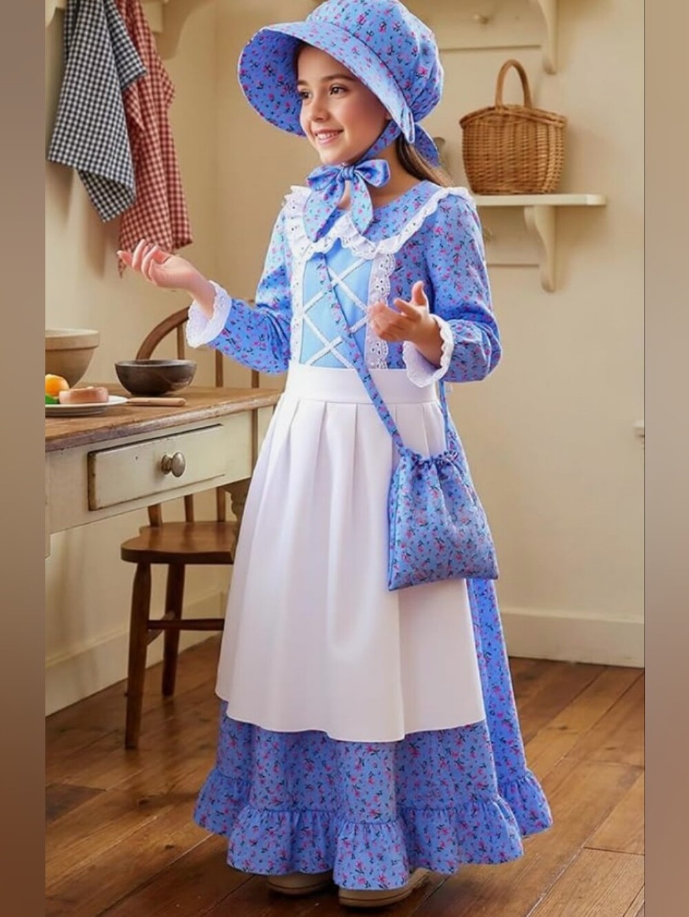 Classic Blue Prairie/ Pioneer Girl Costume with Apron and Bonnet 8-10 Year Olds